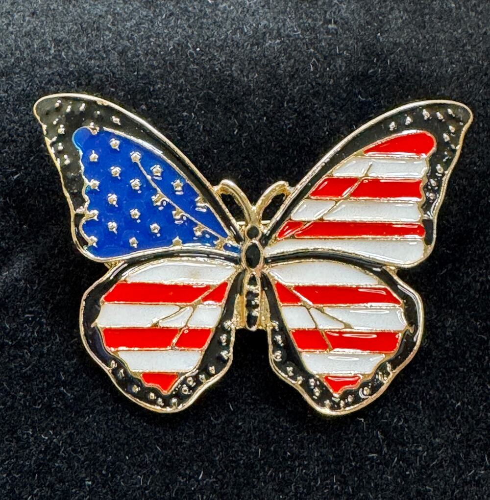 USA Flag Butterfly Pin Brooch Gold Tone Enamel Americana Patriotic  2" CP174